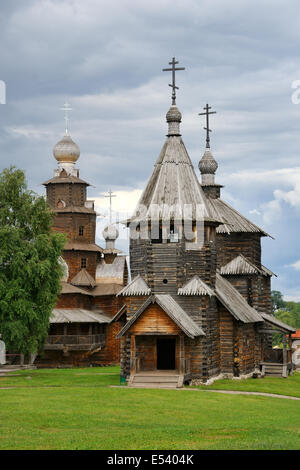 Wooden Churches under Grey Skies. Museum of Wooden Architecture in Suzdal Stock Photo