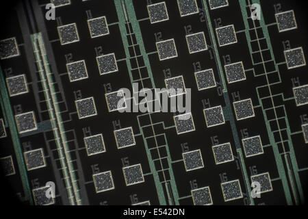 Micro-photograph of tiny micro-circuitry on single chip die on silicon wafer. Digital technology concept. See 'description' for focus detail note. Stock Photo