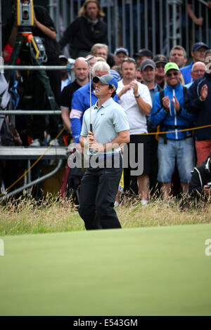 Hoylake, UK. 19th July, 2014. Rory McIlroy (NIR) Golf : Rory McIlroy of Northern Ireland reacts on the 17th hole during the third round of the 143rd British Open Championship at Royal Liverpool Golf Club in Hoylake, England . Credit:  Koji Aoki/AFLO SPORT/Alamy Live News Stock Photo