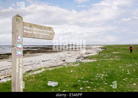 Machair Way walk signpost with walker going north on coast near Pollachar South Uist Outer Hebrides Western Isles Scotland UK Stock Photo