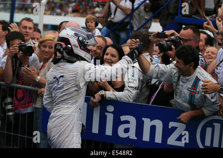 Hockenheim, Germany. 20th July, 2014. Formula 1 Grand Prix of Germany.   Valtteri Bottas from Williams Martini Racing team celebrates his podium with his team Credit:  Action Plus Sports Images/Alamy Live News Stock Photo
