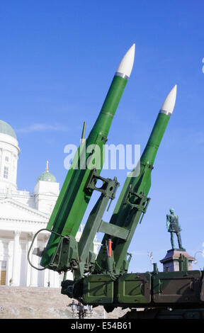 Two Buk-M1 surface-to-air missiles in a quadruple launcher, of the type used to shoot down Malesian Airlines flight MH17. Stock Photo