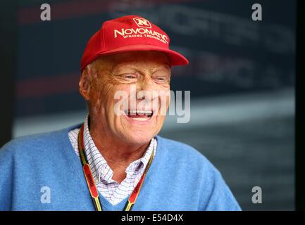 Hockenheim, Germany. 18th July, 2014. Austrian non-executive chairman of Mercedes AMG Niki Lauda is seen before the German Formula One Grand Prix at the Hockenheimring race track in Hockenheim, Germany, 18 July 2014. Photo: JENS BUETTNER/dpa/Alamy Live News Stock Photo