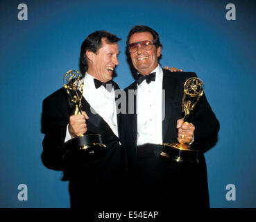 July 19, 2014 - Oklahoma native and U.S. Army veteran JAMES GARNER, a legendary television and movie star, has passed away at the age of 86 at his home in Los Angeles. Garner earned many accolades for his work over the years including two Emmy Awards (15 nominations), an Academy Award nomination for 'Romance, ' a Screen Actors' Guild lifetime achievement award and three Golden Globe Awards (12 nominations).Ê He is survived by his wife Lois and daughter Greta. Pictured - September 20, 1987 - Los Angeles, California, U.S. - James Wood and James Garner with Emmy Awards inside press room at the Pa Stock Photo