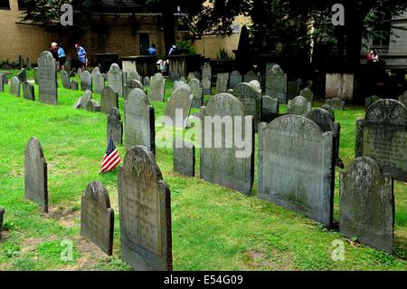 BOSTON, MASSACHUSETTS:  Rows of 18th century gravestones in the King's Chapel burial ground Stock Photo