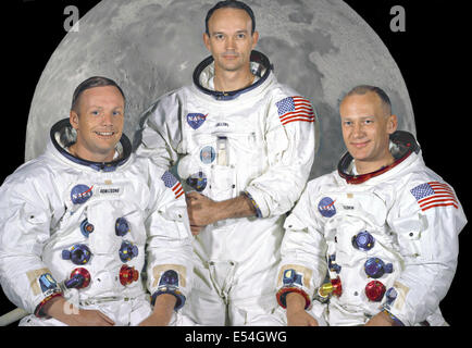 Portrait of the prime crew of the Apollo 11 lunar landing mission at Johnson Space Center May 1, 1969 in Houston, Texas. From left to right are: Commander, Neil A. Armstrong, Command Module Pilot, Michael Collins, and Lunar Module Pilot, Edwin E. Aldrin Jr. On July 20th 1969 at 4:18 PM, EDT the Lunar Module 'Eagle' landed in a region of the Moon called the Mare Tranquillitatis, also known as the Sea of Tranquillity. Stock Photo