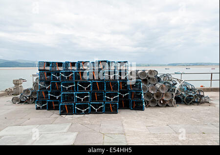 fishing nets on the keyside lobster and crab catching aberdovey harbour Stock Photo