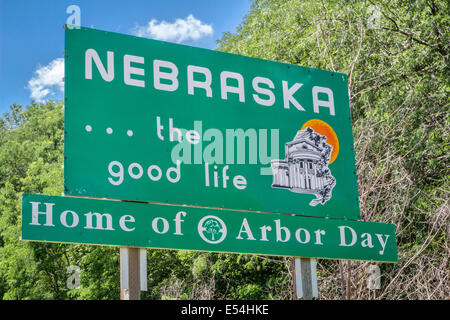 Nebraska , the good life, home of Arbor Day - roadside welcome sign at state border Stock Photo