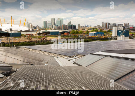 Solar thermal and solar PV panels on the roof of the Crystal building which is the first building in the world to be awarded an Stock Photo