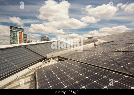 Solar thermal and solar PV panels on the roof of the Crystal building which is the first building in the world to be awarded an Stock Photo