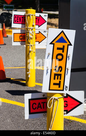 Random signs providing direction for a film set on location, Vancouver, Canada Stock Photo