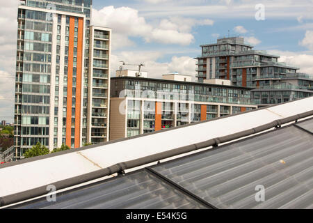 Solar thermal and solar PV panels on the roof of the Crystal building which is the first building in the world to be awarded an Stock Photo