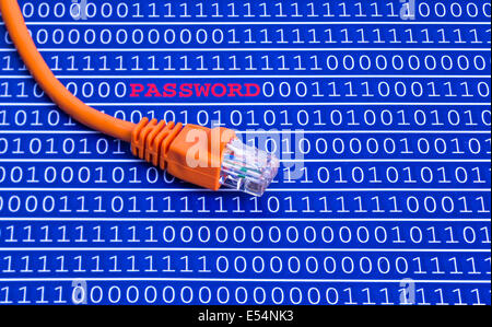 Screen shot with binary code with password text and network cable Stock Photo