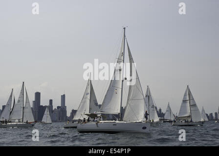Chicago, IL, USA. 18th July, 2014. Cruising fleets of the Race to Mackinac began their333 mile journey on Friday July 18, 2014. More than 300 boats are entered in this 106th running of Race. The time lapse record was set by Roy Disney's boat Pyewacket in 2002. © Karen I. Hirsch/ZUMA Wire/ZUMAPRESS.com/Alamy Live News Stock Photo