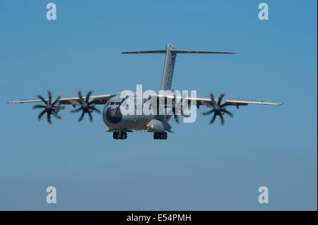 Airbus A400M military transport aircraft demonstration at the Farnborough International Airshow 2014 Stock Photo