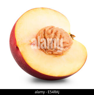 Nectarine fruit half isolated on white background. Clipping Path Stock Photo