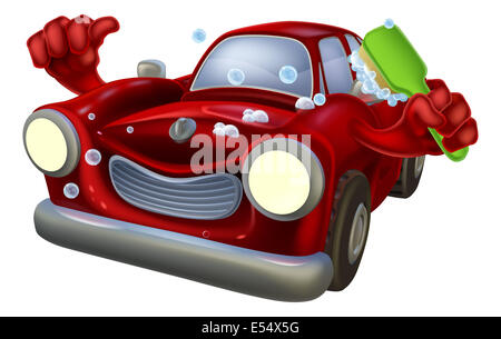 Cartoon soapy car wash character  giving a thumbs up and scrubbing himself with a brush Stock Photo