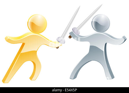 Two fencers fencing with swords, one gold person, one silver Stock Photo