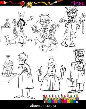 Coloring Book or Page Cartoon Illustration of Black and White Scientists Characters for Children Stock Photo