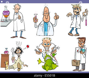 Cartoon Illustration of Funny or Crazy Scientists doing Experiments Stock Photo