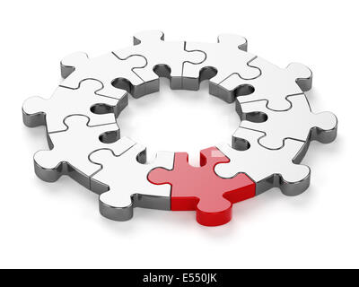 3d render of chrome jigsaw with red one isolated on white background Stock Photo