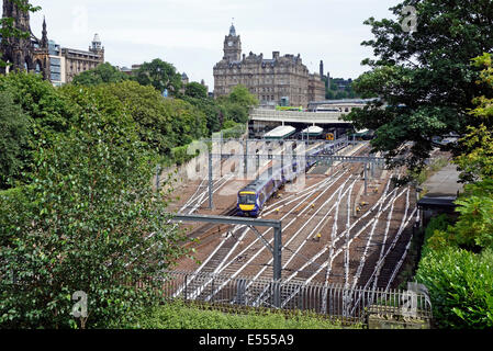 West end approach to Waverley Railway Station in Edinburgh Scotland with rails painted white Stock Photo