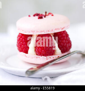 Macaron filled with fresh raspberries and cream Stock Photo