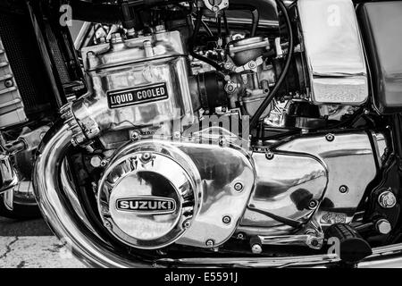 Engine of the first Japanese motorcycle with a liquid-cooled engine Suzuki GT750. Black and white. Stock Photo