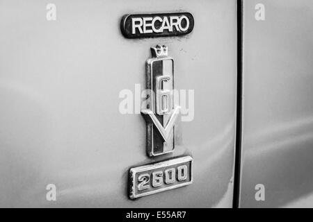 BERLIN, GERMANY - MAY 17, 2014: Emblem Recaro (manufacturer of car seats) on the large family car Ford 26M (P7b). Black and whit Stock Photo