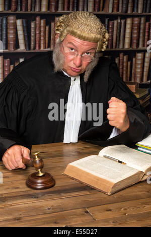 Mature judge with authentic court wig holding a gavel in court Stock Photo