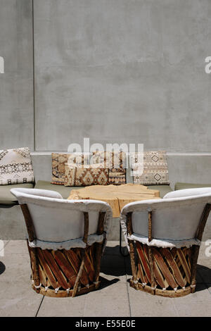 Outdoor patio seating at rooftop lounge in downtown Los Angeles. Stock Photo