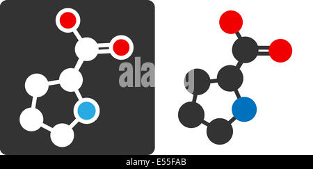 Proline amino acid molecule, flat icon style. Carbon, nitrogen and oxygen atoms shown as circles. Atoms shown as color-coded cir Stock Photo