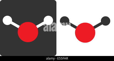 Water (H2O) molecule, flat icon style. Atoms shown as color-coded circles (oxygen - red, hydrogen - white/grey). Stock Photo