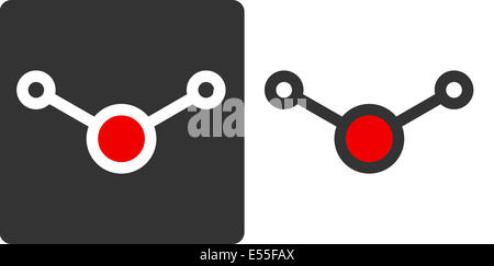 Water (H2O) molecule, flat icon style. Atoms shown as color-coded circles (oxygen - red, hydrogen - grey/white). Stock Photo