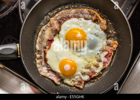 Fried eggs and bacon in a frying pan, breakfast, Stock Photo