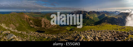 Panoramic view of Crummock Water and surrounding mountains including Red Pike, English Lake District Stock Photo