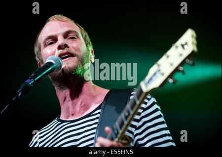 Freiburg, Germany. 21st July, 2014. Frontman Peter 'Balboa' Brugger from German indie rock band Sportfreunde Stiller performs at ZMF music festival in Freiburg, Germany. Photo: Miroslav Dakov/ Alamy Live News Stock Photo