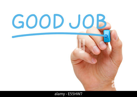 Hand writing Good Job with blue marker on transparent wipe board. Stock Photo