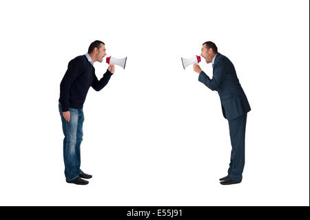 business concept men shouting with megaphones isolated on white background Stock Photo