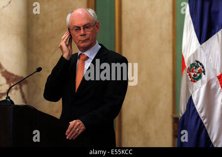 Santo Domingo, Dominican Republic. 21st July, 2014. European Council President Herman Van Rompuy attends a joint press conference with Dominican President Danilo Medina (not pictured) in Santo Domingo on July 21, 2014. Van Rompuy arrived in the Dominican Republic on Monday for an official visit. Credit:  Roberto Guzman/Xinhua/Alamy Live News Stock Photo