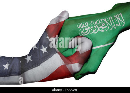 Diplomatic handshake between countries: flags of United States and Saudi Arabia overprinted the two hands Stock Photo