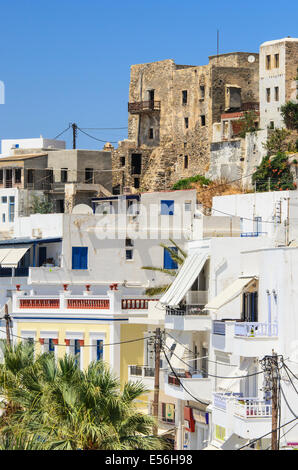 Building facades of old Naxos Town waterfront, Naxos Island, Greece Stock Photo