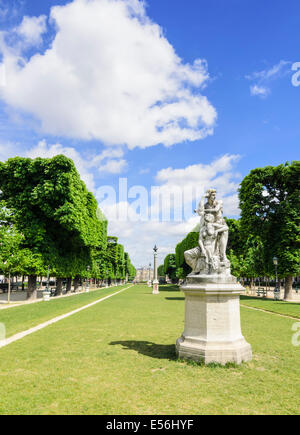 Le Midi sculpture in the foreground, part of the four Times of Day artworks in the Jardin Marco Polo, Paris, France Stock Photo