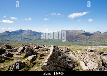 View from Carnedd Moel Siabod summit to Snowdon horseshoe and Glyderau mountains in summer in Snowdonia National Park Conwy North Wales UK Stock Photo