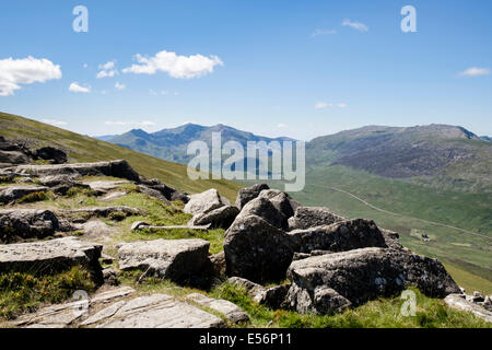 View from Carnedd Moel Siabod hillside to Snowdon horseshoe and Glyderau mountains in Snowdonia National Park North Wales UK Stock Photo