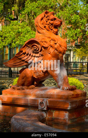 A terracotta Griffin watches over the entrance of the Freemason Solomon's Lodge in Savannah, GA, USA Stock Photo