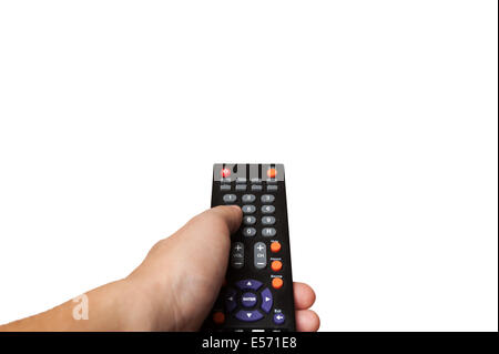 Hand with TV remote control Stock Photo