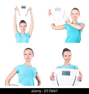 Diet and sport collage. Woman with scales on white Stock Photo
