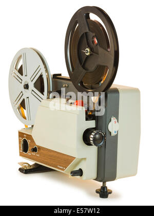 Antique Super 8mm film projector, isolated over white background. Clipping paths are included, projector and shadow separated Stock Photo