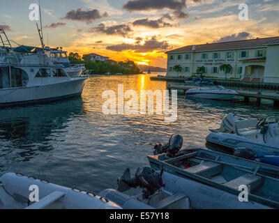Sunset over waterfront and harbor of Cruz Bay on the Caribbean Island of St John in the US Virgin Islands Stock Photo